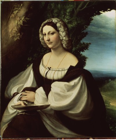 „Portret damy” (Portret damy) Byłaby to albo poetka Ginevra Rangone, albo Veronica Gambara (1485-1550), osobistości miasta Correggio. Obraz Antonio Allegri znany jako Il Correggio (The Correge autorstwa (c.1489 1534) Correggio