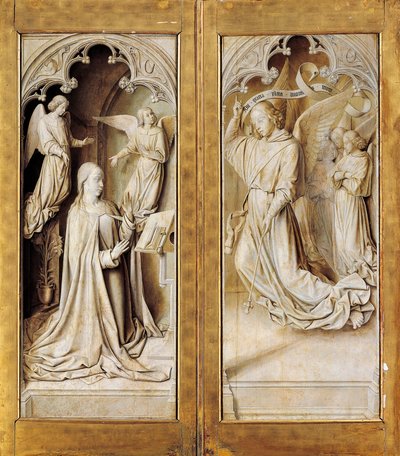 Zwiastowanie w grisaille (monochromatyczny szary), zewnętrzne skrzydła ołtarza z tryptyku (ok. 1489-1502) autorstwa mistrza z Moulins, w katedrze Notre-Dame, Moulins, Francja. autorstwa (fl.c.1483 c.1529) Master of Moulins
