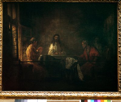 Pielgrzymi z Emaus Chrystus ukazuje się pielgrzymom siedzącym przy stole w karczmie w Emaus. Obraz warsztatu Harmensza van Rijn dit Rembrandt (1606-1669) autorstwa studio of Rembrandt Harmensz. van Rijn