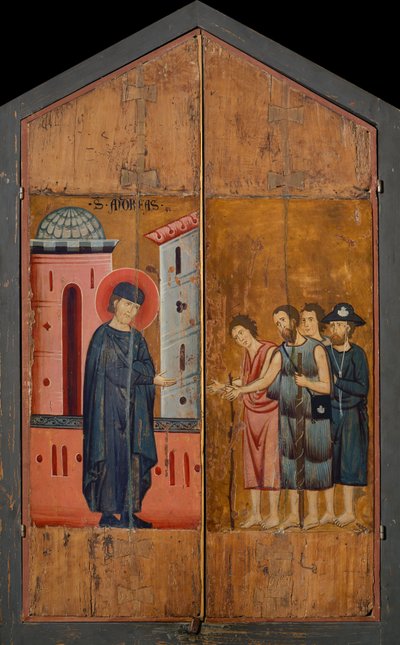 Dyptyk błogosławionego Andrei Galleraniego: Błogosławiony gospodarz Gallerani przyjmujący pielgrzymów i żebraków, panele zewnętrzne, ok. 1270 r. (malarstwo na drewnie) autorstwa (workshop of) Guido da Siena