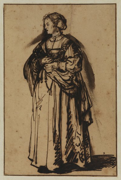 Żona artysty, Saskia, stoi i trzyma w dłoniach kwiaty autorstwa (workshop of) Rembrandt Harmensz. van Rijn