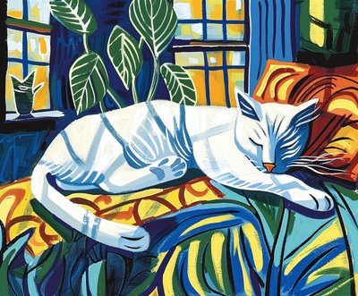 Biały kot śpiący w słońcu Matisse | dekoracja ścienna, grafika autorstwa F. Abderrahim