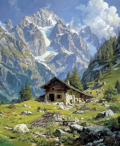 Domek z bali w szwajcarskich Alpach wiosną, dekoracja ścienna do kuchni autorstwa F. Abderrahim