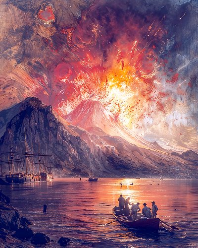 Erupcja wulkanu nad morzem, niestandardowe wydruki na płótnie online autorstwa F. Abderrahim