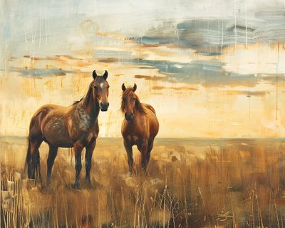 Obraz olejny Majestic Horses in a Field at a Sunset, płótno i dekoracja ścienna autorstwa F. Abderrahim