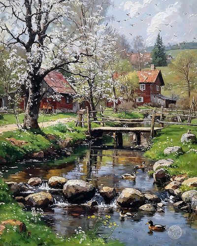 The Mill Cottage in Spring, olej na płótnie, dekoracja ścienna w ramie autorstwa F. Abderrahim