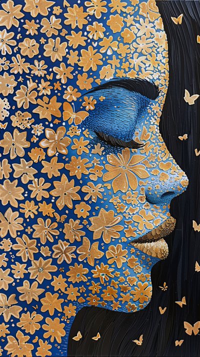 Twarz kobiety, złota folia Robotic Rangoli flower power, pomysły na dekoracje ścienne autorstwa F. Abderrahim