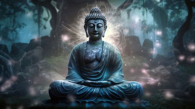 Budda siedzący w spokojnej medytacji, duchowe płótno buddyjskie, grafika ścienna w ramie autorstwa F. Abderrahim