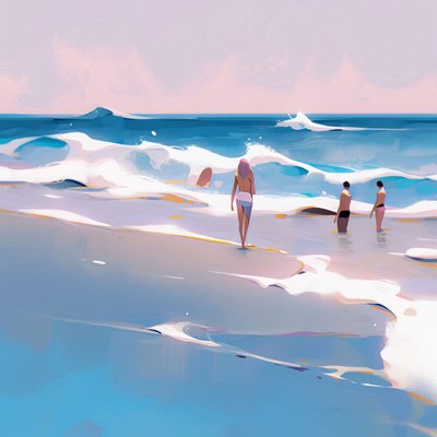 Ludzie na plaży Minimalistyczna akwarela z falami, dekoracja ścienna na sprzedaż autorstwa F. Abderrahim