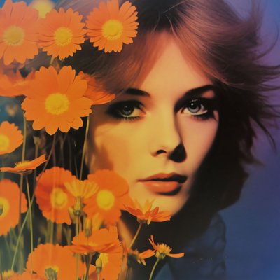 portret kobiety w stylu vintage i kwiaty, A Retro Floral Vision, grafiki online autorstwa F. Abderrahim