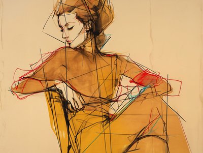 Ilustracja mody i rysunek siedzącej kobiety, portret w eleganckiej brązowej sukience, grafiki artystyczne autorstwa F. Abderrahim