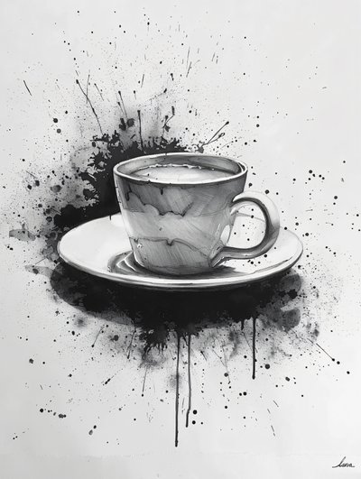 Minimalistyczna jednoliniowa scena noir z plamami kawy, grafiki online autorstwa F. Abderrahim