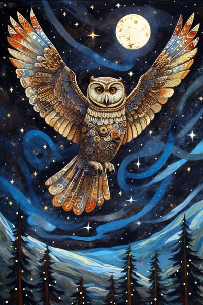 Sowa szybująca po rozgwieżdżonym nocnym niebie, grafika ścienna Home Decor autorstwa F. Abderrahim
