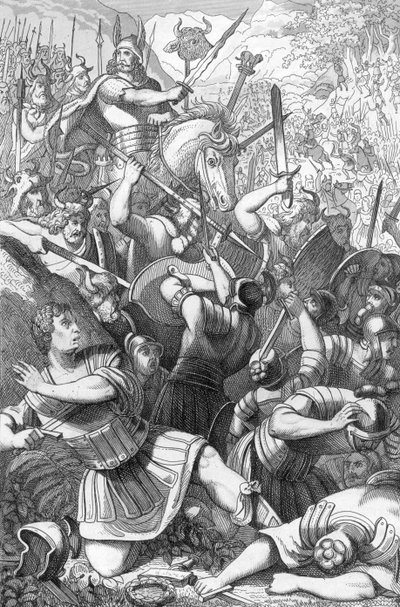 Wódz Cherusków Arminius (18 p.n.e.-21 n.e.) w bitwie pod Teutoburgiem (Teutoburger Wald lub Teutberg) przeciwstawiając się Rzymianom przeciwko Niemcom w 9 r. n.e. (Cheruskanie pod dowództwem Arminiusza (Hermanna) pokonują legiony rzymskie z XVII–XIX pod do autorstwa 19th Century Polish School