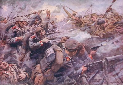 Klęska gwardii pruskiej pod Zonnebeke, z Historii Wielkiej Wojny, tom 3, wydanej przez Waverley Book Co Limited, ok.1920 autorstwa A.C. Michael