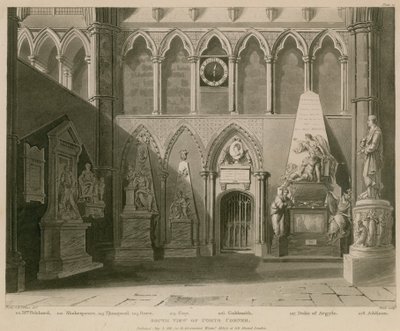 Południowy widok na Poets Corner, Westminster Abbey, Londyn autorstwa A.C. and Villiers, H. Pugin