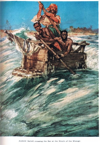 Battell przybywa do ujścia Mbengo, ilustracja z „Krainy złotego handlu”, wydanej przez Jacka w 1921 roku autorstwa A.D. McClintock