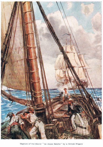 Przechwycenie statku "La Jeune Estelle" przez brytyjską fregatę, ilustracja z książki "The Land of the Golden Trade", opublikowanej przez Jacka w 1921 r. (kolorowa litografia) autorstwa A.D. McClintock