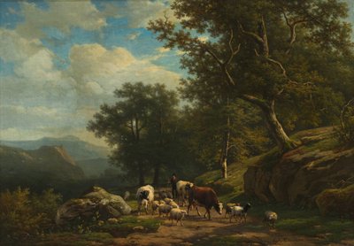 Pejzaż z chłopem i jego trzodą, ok. 1850-59 (olej na tkaninie) autorstwa A.J. Daiwaille