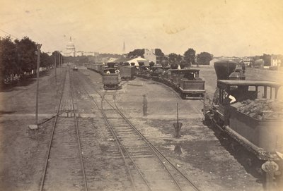 Nr 189. Maryland Avenue Depot, Waszyngton, D.C., Z silnikami wysłanymi z Aleksandrii dla bezpieczeństwa. autorstwa A.J. Russell