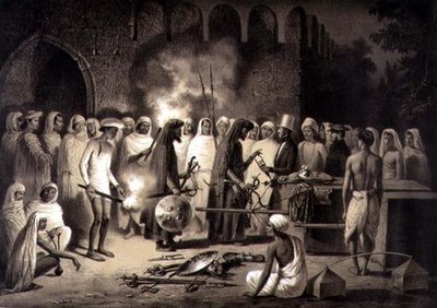 Buying Arms w Delhi, tablica 34 z „Podróży po Indiach”, rytowana przez Louisa Henri de Ruddera (1807–81) wyd. w Paryżu autorstwa A. (after) Soltykoff