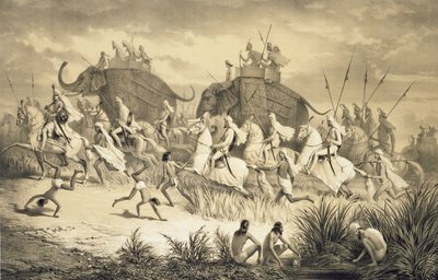Kawalkada wodzów Sikhów na słoniach, z „Podróży w Indiach”, wyryta przez pub Louis Henri de Rudder (1807-81). w Londynie autorstwa A. (after) Soltykoff