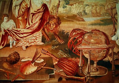 Europa, z gobelinu z czterech stron świata, u dołu po prawej stronie fragment instrumentów muzycznych, początek XVIII w. autorstwa A. Baertams