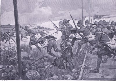 Szarża szkockich fizylierów w Fredrikstad, ilustracja z After Pretoria: The Guerilla War, 1902 autorstwa A. C. Ball