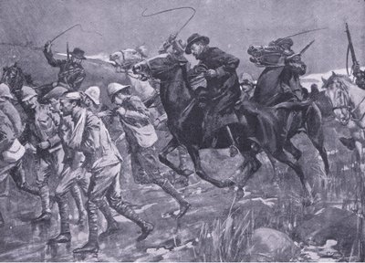 Traktowanie przez De Wetsa brytyjskich jeńców wojennych w marszu, ilustracja z filmu After Pretoria: The Guerilla War, 1902 autorstwa A. C. Ball