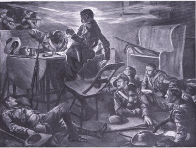 Zabicie dwóch mężczyzn z Comptons Horse podczas pisania listów do domu, ilustracja z After Pretoria: The Guerilla War, 1902 autorstwa A. C. Ball
