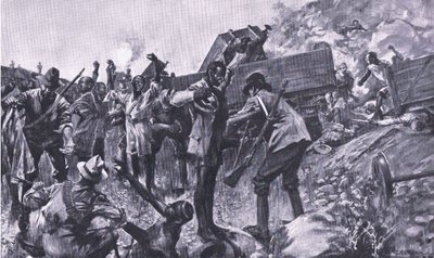 Rozbicie pociągu w pobliżu Taaibosch, z książki After Pretoria: The Guerilla War wydanej przez Harmsworth Bros Limited, 1901 autorstwa A. C. Ball