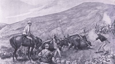 Trudności w transporcie w Barberton: Jak broń i wagony zostały podniesione w góry, ilustracja z After Pretoria: The Guerilla War, 1902 autorstwa A. C. Ball