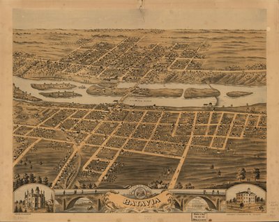 Widok Batavii z lotu ptaka, hrabstwo Kane, Illinois, 1869 r. LOC 73693342 autorstwa A.; Chicago Lithographing Co. Ruger