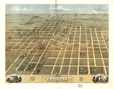 Widok miasta Champaign z lotu ptaka, hrabstwo Champaign, Illinois, 1869 r. LOC 73693348 autorstwa A.; Chicago Lithographing Co. Ruger