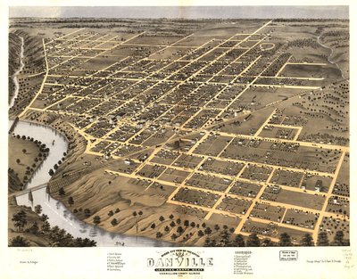 Widok miasta Danville z lotu ptaka, hrabstwo Vermillion, Illinois, 1869 r. LOC 73693353 autorstwa A.; Chicago Lithographing Co. Ruger
