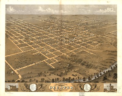 Widok z lotu ptaka na miasto Decatur, Macon Co., Illinois, 1869. LOC 73693354 autorstwa A.; Chicago Lithographing Co. Ruger