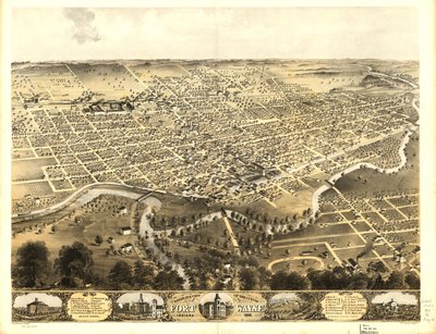 Widok miasta Fort Wayne w stanie Indiana z lotu ptaka, 1868 r. LOC 73693381 autorstwa A.; Chicago Lithographing Co. Ruger
