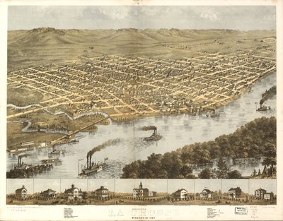 Widok miasta La Crosse w stanie Wisconsin z lotu ptaka, 1867 r. LOC 73694545 autorstwa A.; Chicago Lithographing Co. Ruger