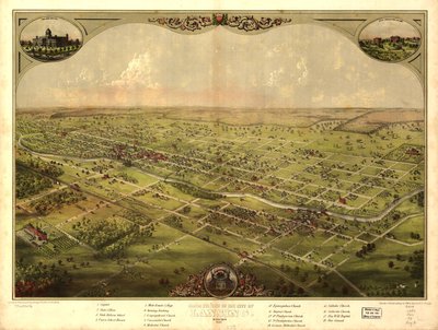 Widok miasta Lansing w stanie Michigan z lotu ptaka, 1866 r. LOC 73693436 autorstwa A.; Chicago Lithographing Co. Ruger