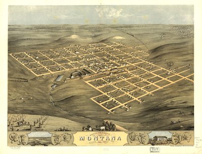 Widok z lotu ptaka na miasto Montana, Boone Co., Iowa 1868. LOC 73693404 autorstwa A.; Chicago Lithographing Co. Ruger