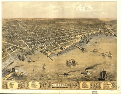 Widok z lotu ptaka na miasto Muskegon, Muskegon Co., Michigan 1868. autorstwa A.; Chicago Lithographing Co. Ruger
