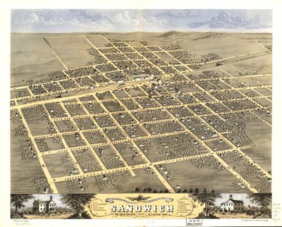 Widok miasta Sandwich z lotu ptaka, hrabstwo De Kalb, Illinois, 1869 r. LOC 73693372 autorstwa A.; Chicago Lithographing Co. Ruger