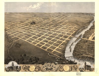 Widok z lotu ptaka na miasto Topeka, stolicę stanu Kansas w 1869 r. LOC 73693411 autorstwa A.; Chicago Lithographing Co. Ruger