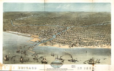 Chicago w 1868 r. od północnej strony ulicy Schiller do południowej strony ulicy 12. LOC 73693350 autorstwa A.; Chicago Lithographing Co. Ruger