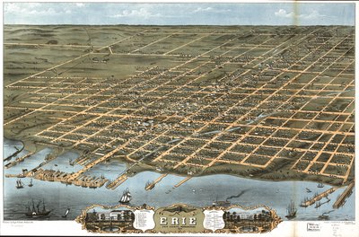 Widok z lotu ptaka na miasto Erie, hrabstwo Erie, Pensylwania 1870. autorstwa A. Chicago Lithographing Co. Ruger and Stoner Ruger