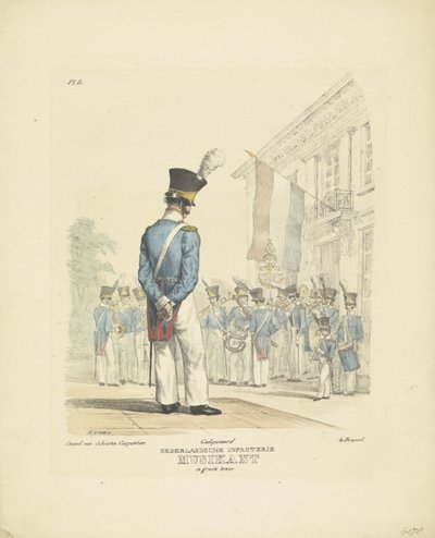 Muzyk w pełnym mundurze Muzyk w pełnym stroju, 1820-1825 Nederlandsche Infanterie Musikant w wielkim mundurze (tytuł na obiekcie) Stroje wojskowe Królestwa Niderlandów. Dedykowany Jego Ekscelencji Willemowi van Bylandtowi (tytuł serii na temat autorstwa A. Courtois