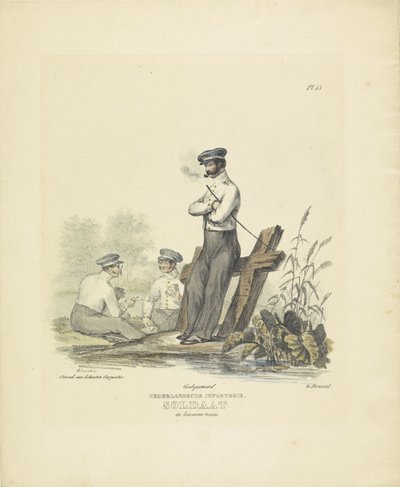 Żołnierz w koszarowym mundurze, 1820-1825 Piechota holenderska. Żołnierz w stroju Kaserne (tytuł na obiekcie) Stroje wojskowe Królestwa Niderlandów. Dedykowane Jego Ekscelencji Willemowi van Bylandtowi (tytuł serii na obiekcie) autorstwa A. Courtois