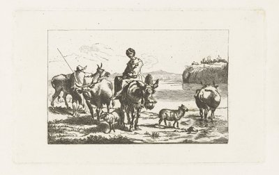 Krajobraz z pasterką na mule i pasterzem z krowami autorstwa A. Dickhof (signed by artist)