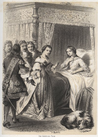 Madame Deshoulieres, Antoinette Ligier de La garde (1637-1694) przytłoczona pytaniami swojej świty po nocy spędzonej w strachu przed duchem. Grawerowanie A. Duruy w „”Illustration litteraires de la France; lub Galerie anegdotique de nos pr autorstwa A. Duruy