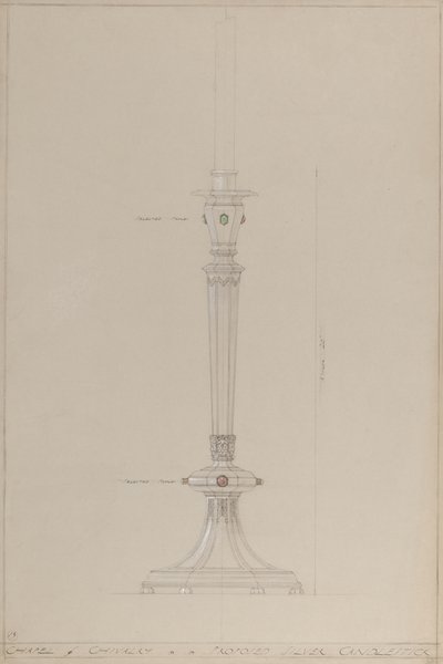 Kaplica Rycerska: proponowany srebrny świecznik (ołówek, atrament, pędzel, toaleta i srebrna farba na szarej karcie) autorstwa A. Edward Jones and Co.